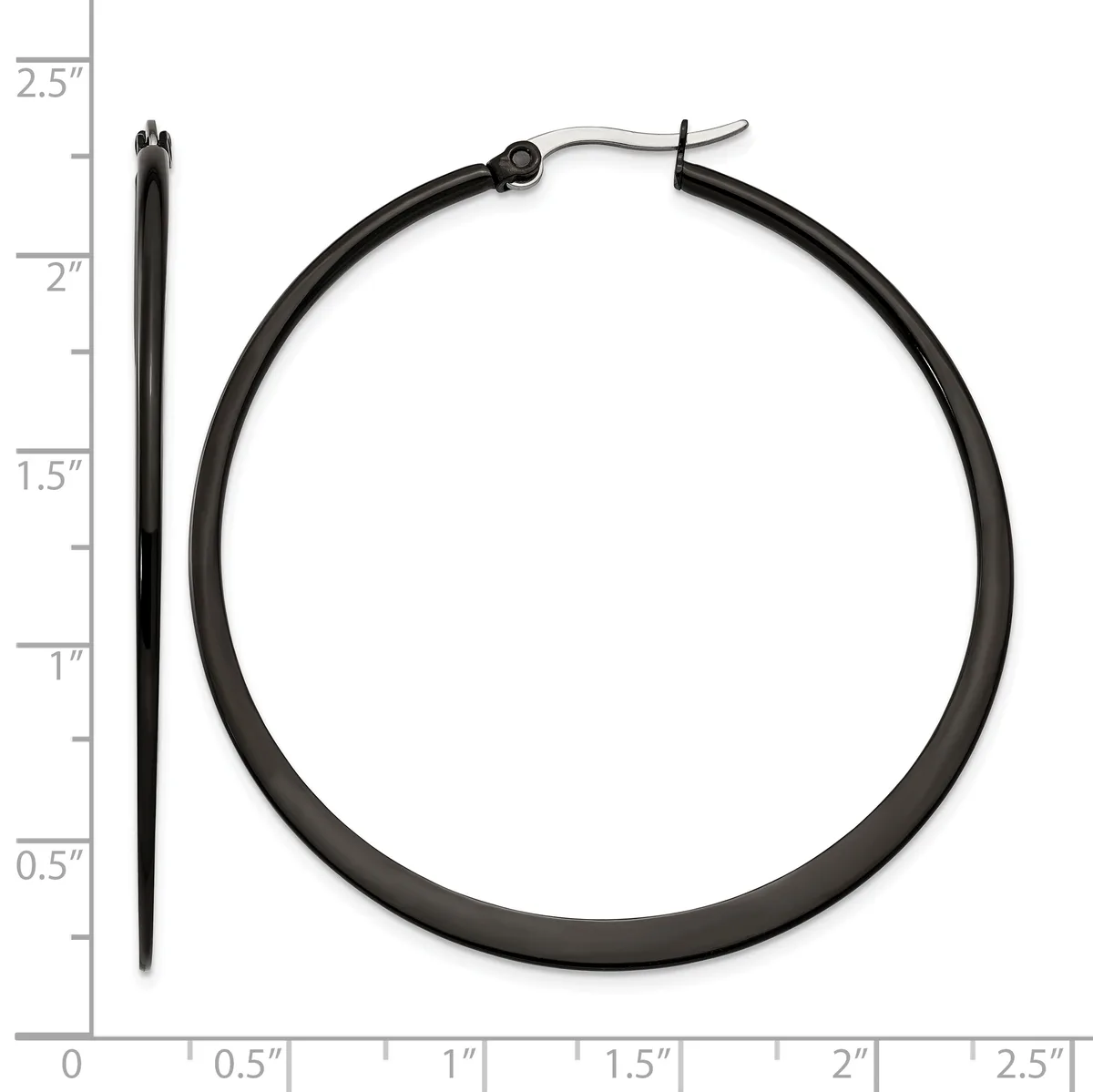 Black tubular hoop earrings displayed next to a ruler showing approximately 2.5 inches in diameter, with a hinged post closure visible at the top.