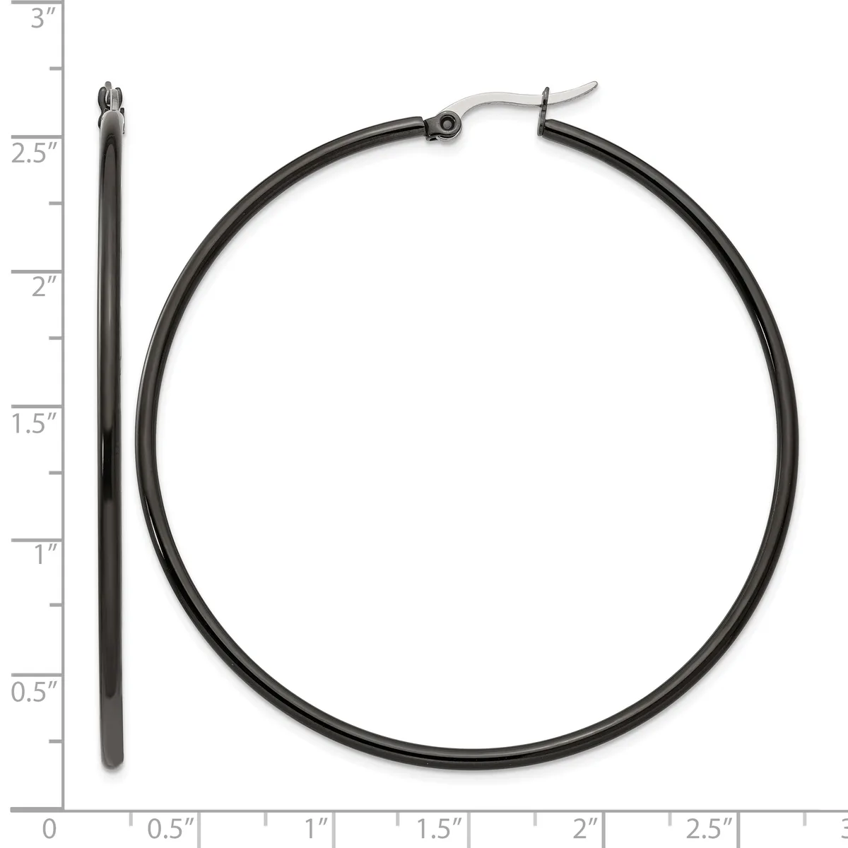 Black hoop earrings with a hinged closure, displayed next to a ruler showing one earring is approximately 2.5 inches long and the hoop diameter is about 2 inches.