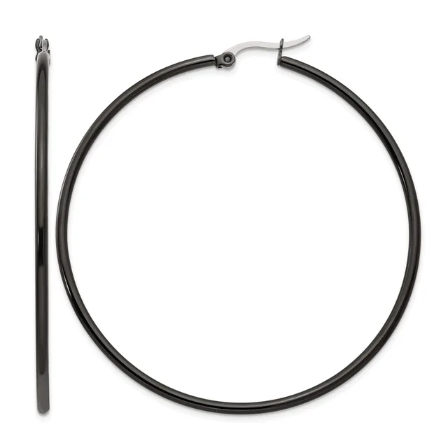 Pair of black tubular hoop earrings with metal posts and backs, shown from the front and side views.