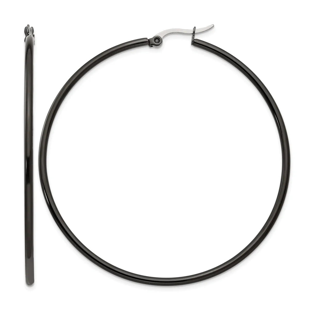 Pair of black tubular hoop earrings with metal posts and backs, shown from the front and side views.