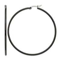 Pair of black tubular hoop earrings with metal posts and backs, shown from the front and side views.