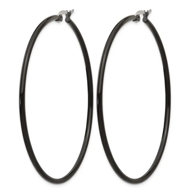 A pair of large black hoop earrings with hinged closures, displayed side by side against a white background.