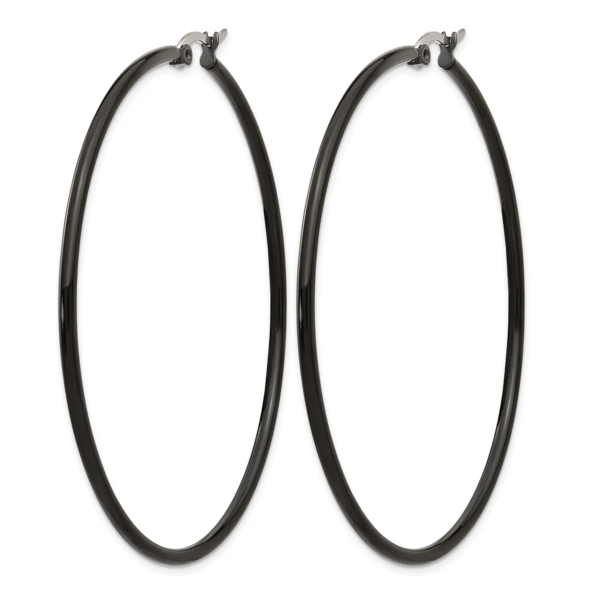 A pair of large black hoop earrings with hinged closures, displayed side by side against a white background.