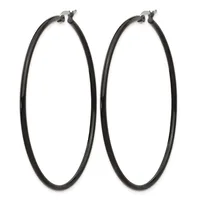 A pair of large black hoop earrings with hinged closures, displayed side by side against a white background.