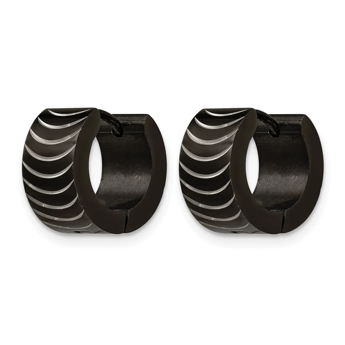 A pair of black chunky hoop earrings with curved striped metallic details on the outer surface.