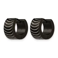 A pair of black chunky hoop earrings with curved striped metallic details on the outer surface.