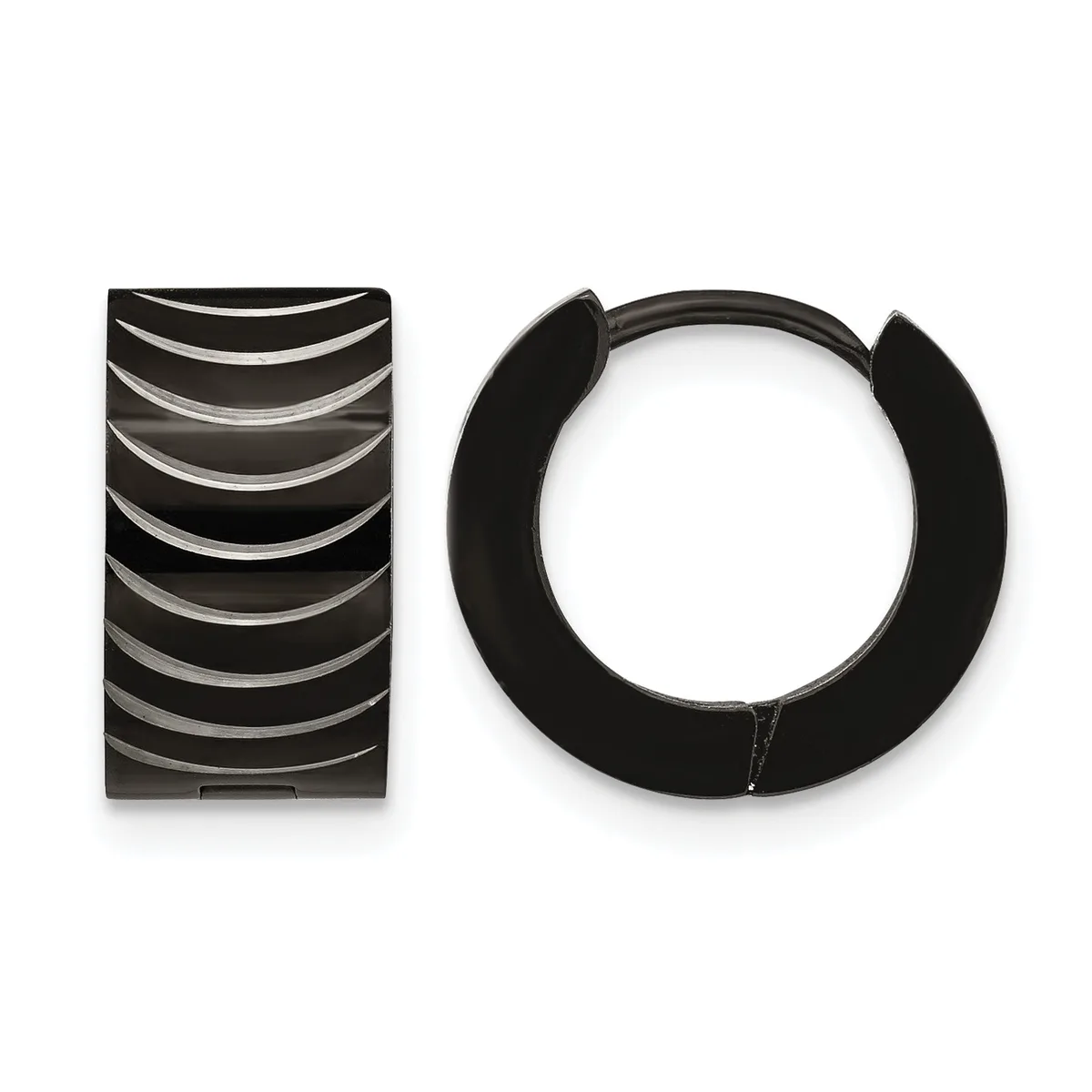 A pair of black metal hoop earrings with ridged texture on the left and smooth finish on the right, displayed against a white background.