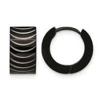 A pair of black metal hoop earrings with ridged texture on the left and smooth finish on the right, displayed against a white background.