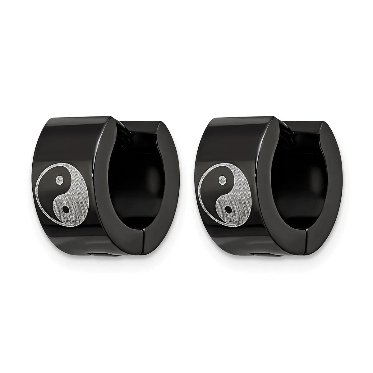 A pair of black polished stainless steel huggie earrings with yin-yang symbol inlays in silver tone on the outer surface.