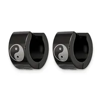 A pair of black polished stainless steel huggie earrings with yin-yang symbol inlays in silver tone on the outer surface.
