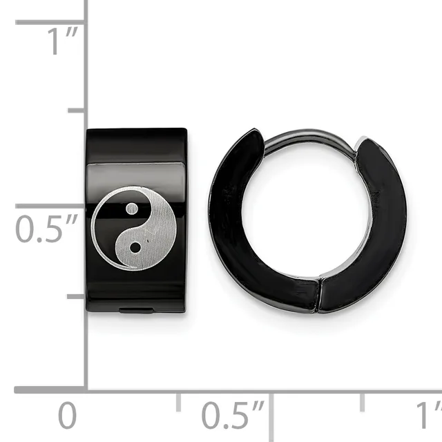 Black stainless steel huggie hoop earring and rectangular ring with yin-yang symbol face, shown at actual size with measurement scale.