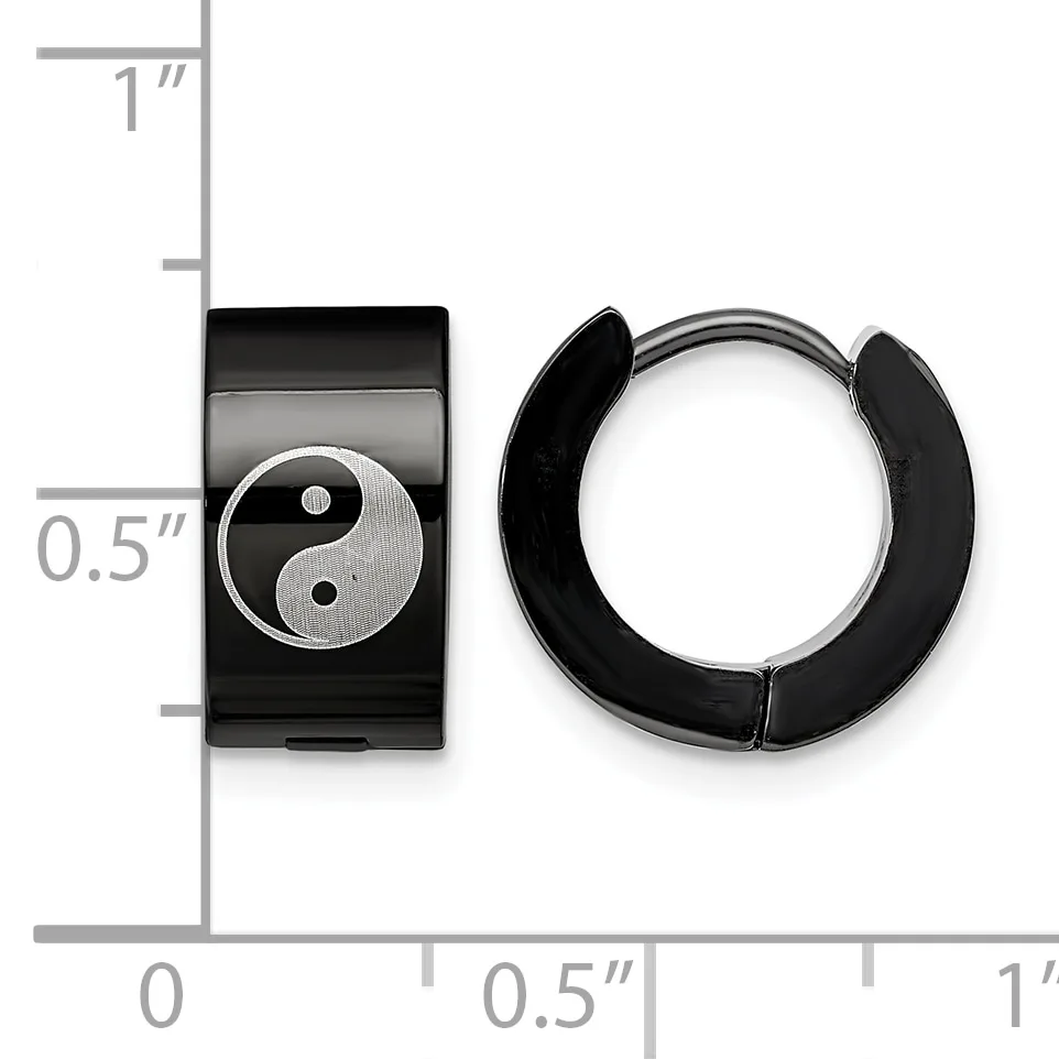 Black stainless steel huggie hoop earring and rectangular ring with yin-yang symbol face, shown at actual size with measurement scale.