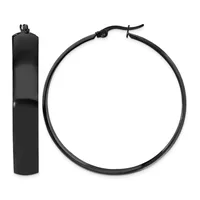 A pair of black hoop earrings displayed next to a cylindrical black storage case with a clasp closure.