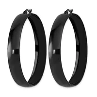 A pair of black polished hoop earrings with hinged closures, displayed side by side against a white background.