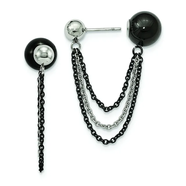 A pair of dangling earrings featuring black and silver spheres connected by dual chain strands in black and silver metals, with a single chain extending from one earring.
