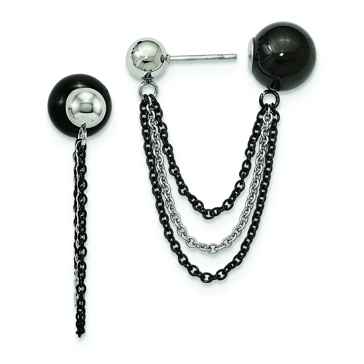 A pair of dangling earrings featuring black and silver spheres connected by dual chain strands in black and silver metals, with a single chain extending from one earring.