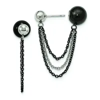 A pair of dangling earrings featuring black and silver spheres connected by dual chain strands in black and silver metals, with a single chain extending from one earring.