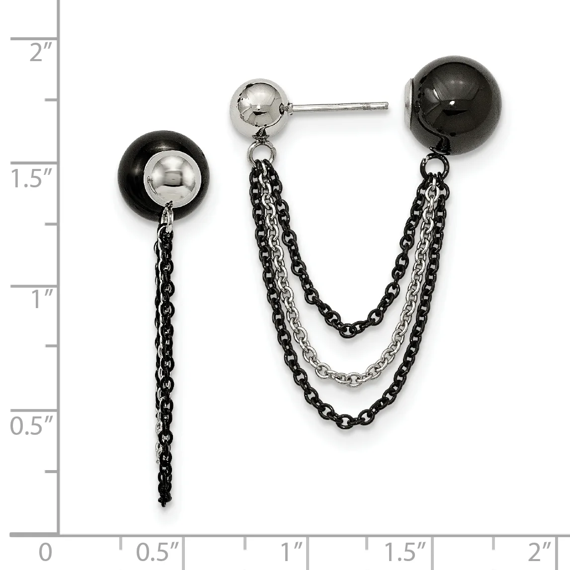 Silver-tone and black enamel ball stud earrings with dangling chain strands, displayed on a measurement scale showing approximately 1.5 inches in length.