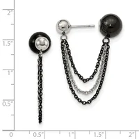 Silver-tone and black enamel ball stud earrings with dangling chain strands, displayed on a measurement scale showing approximately 1.5 inches in length.