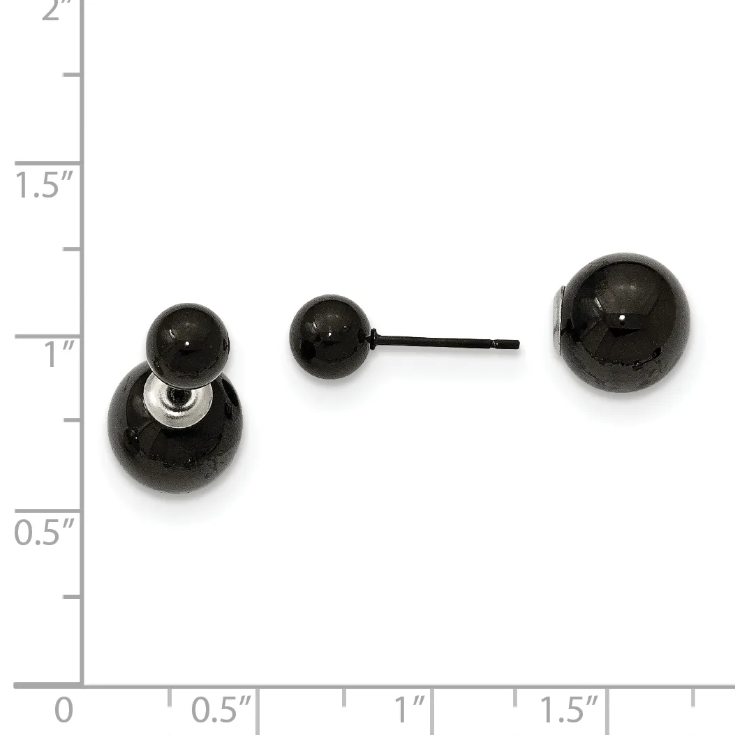 Black spherical stud earrings with a larger matching ball pendant on a black post, displayed next to a ruler showing measurements up to 2 inches.
