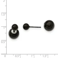 Black spherical stud earrings with a larger matching ball pendant on a black post, displayed next to a ruler showing measurements up to 2 inches.