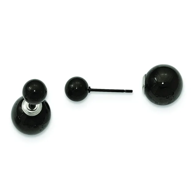 A pair of black spherical stud earrings with a matching larger black sphere pendant on a black post, displayed against a white background.