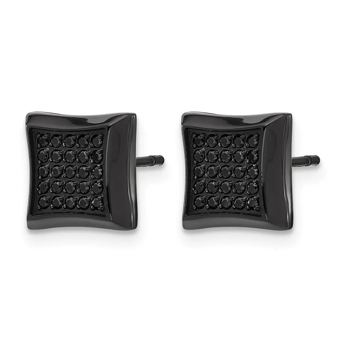 Pair of black square stud earrings with rounded corners and paved black stone settings, shown from the front view with posts and backing visible.