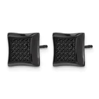 Pair of black square stud earrings with rounded corners and paved black stone settings, shown from the front view with posts and backing visible.