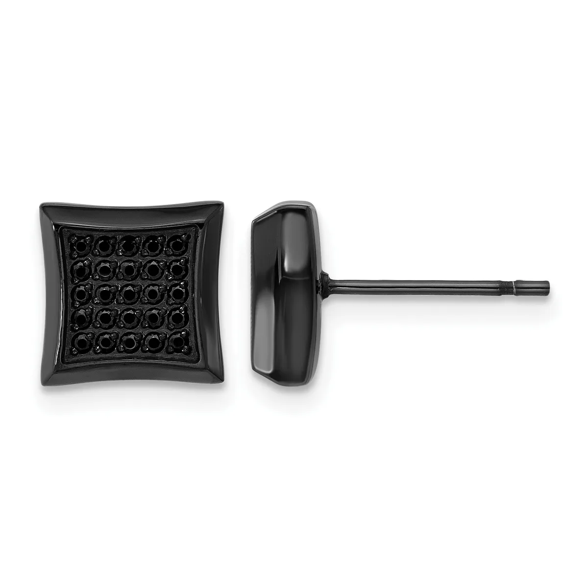 Pair of black stud earrings with square cushion-shaped faces set with small round stones in a grid pattern, shown from front and side views.