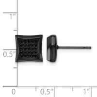Black stud earrings with square cushion-shaped faces set with small black stones, shown from front and side view against a measurement scale.