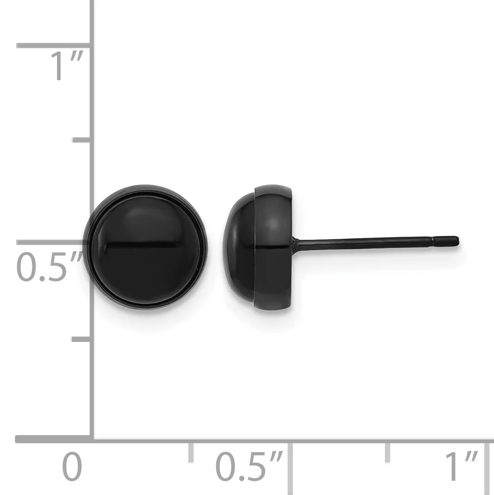 A pair of black circular stud earrings shown from front and side views with a measurement scale indicating approximately 0.5 inches in diameter.