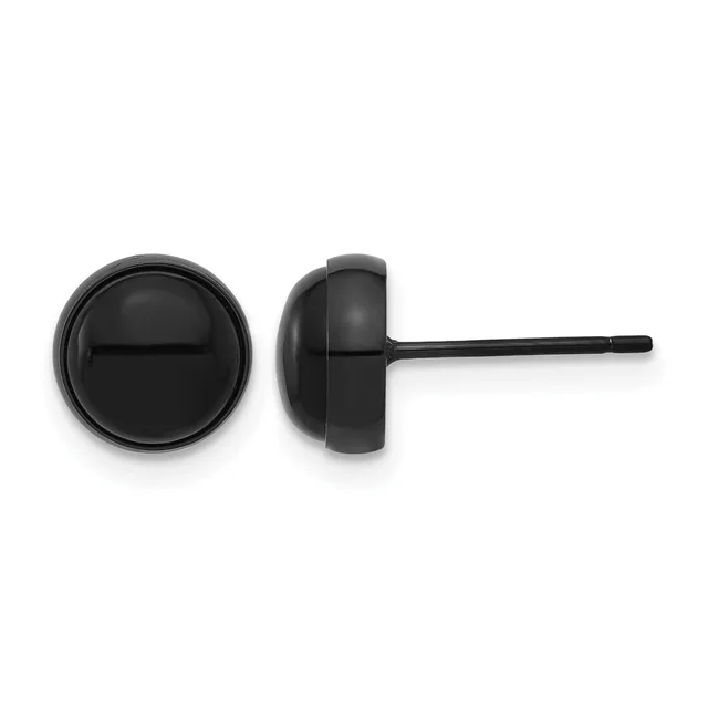 A pair of black circular stud earrings shown from front and side views, displaying a polished dome design with a thin post and backing.