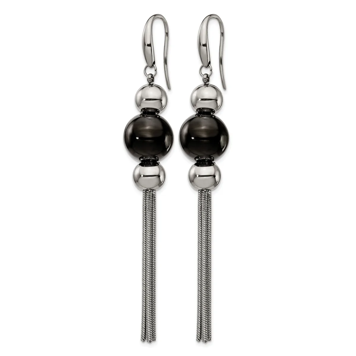 Pair of dangling earrings with polished silver and black spheres stacked vertically, suspended from silver hook closures with long mesh chain tassels.