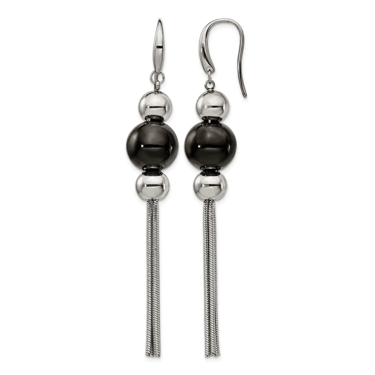 A pair of silver-tone dangle earrings with polished black and silver spheres stacked vertically, suspended from curved ear wires with long tassel chains.
