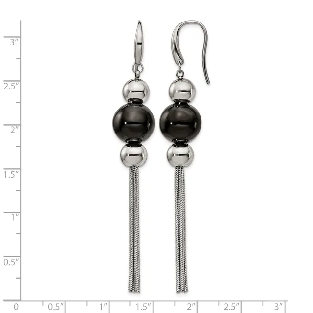 Pair of earrings with silver-tone metal mesh tassel drops, black onyx spheres, and polished silver bead accents, shown against a ruler for scale.