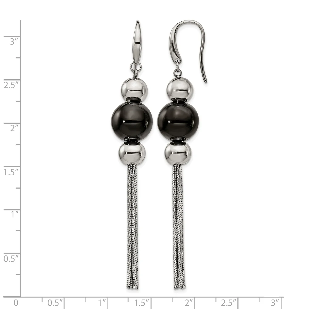 Pair of earrings with silver-tone metal mesh tassel drops, black onyx spheres, and polished silver bead accents, shown against a ruler for scale.
