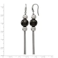 Pair of earrings with silver-tone metal mesh tassel drops, black onyx spheres, and polished silver bead accents, shown against a ruler for scale.