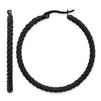 A pair of black textured hoop earrings with a twisted rope pattern and hinged closure posts, shown from front and side views.