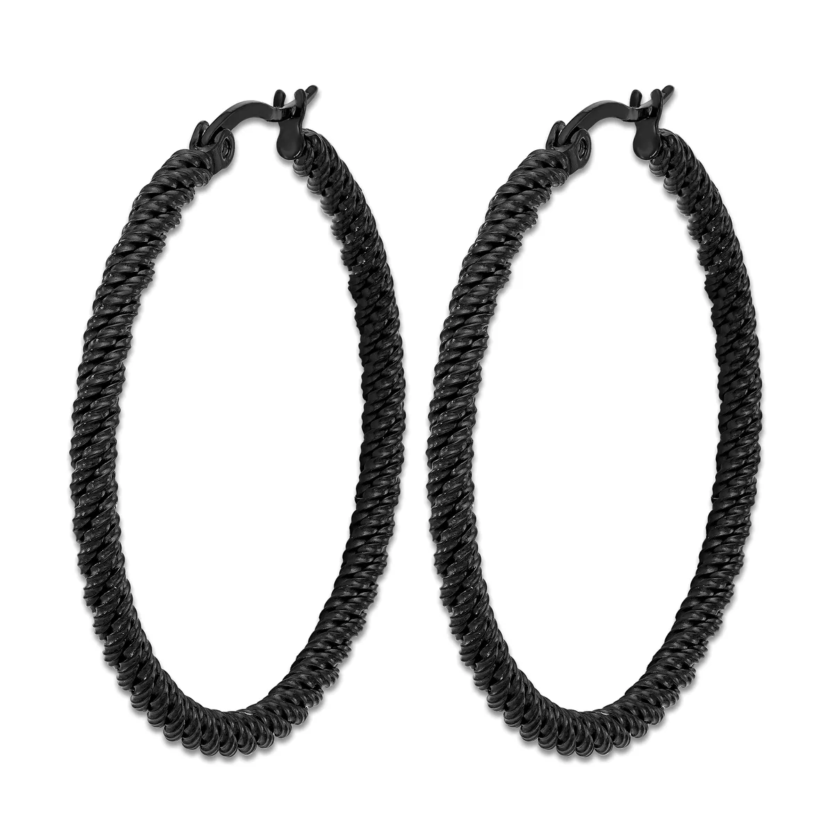 A pair of black textured hoop earrings with twisted rope detailing and hinged closures.