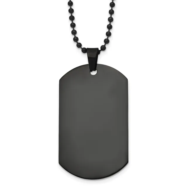 A black stainless steel dog tag pendant with rounded corners hangs from a black beaded ball chain against a white background.