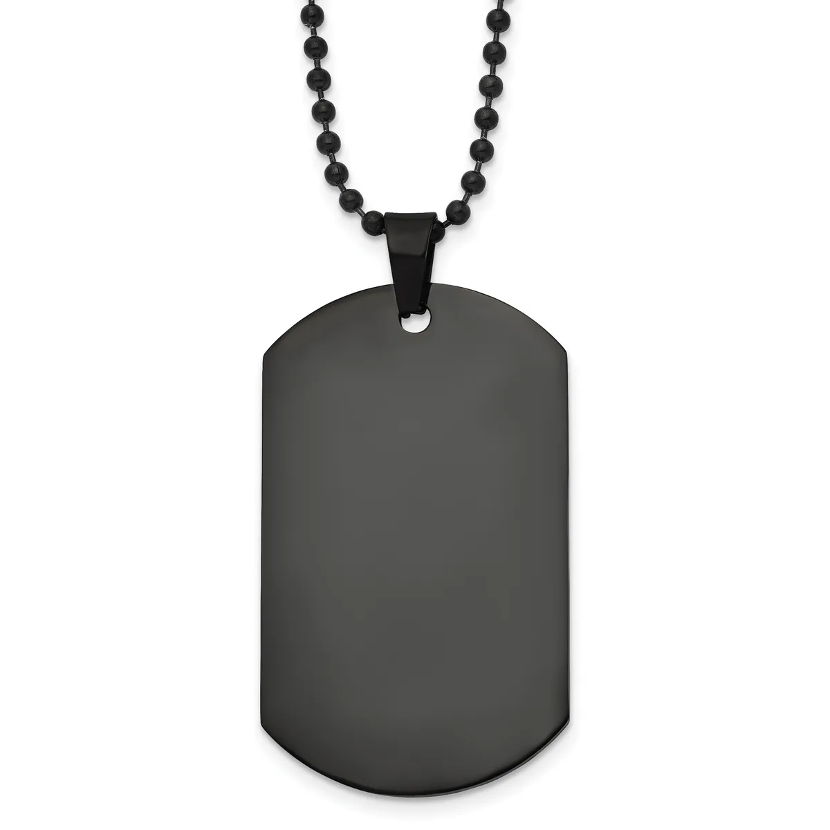 A black stainless steel dog tag pendant with rounded corners hangs from a black beaded ball chain against a white background.
