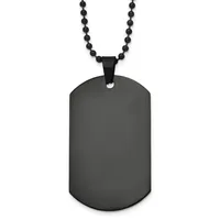 A black stainless steel dog tag pendant with rounded corners hangs from a black beaded ball chain against a white background.