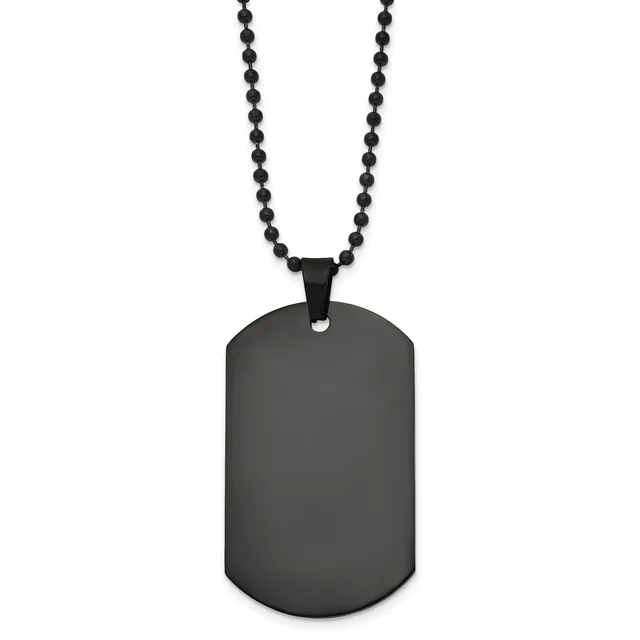 A black stainless steel dog tag pendant with rounded corners hangs from a black beaded ball chain.