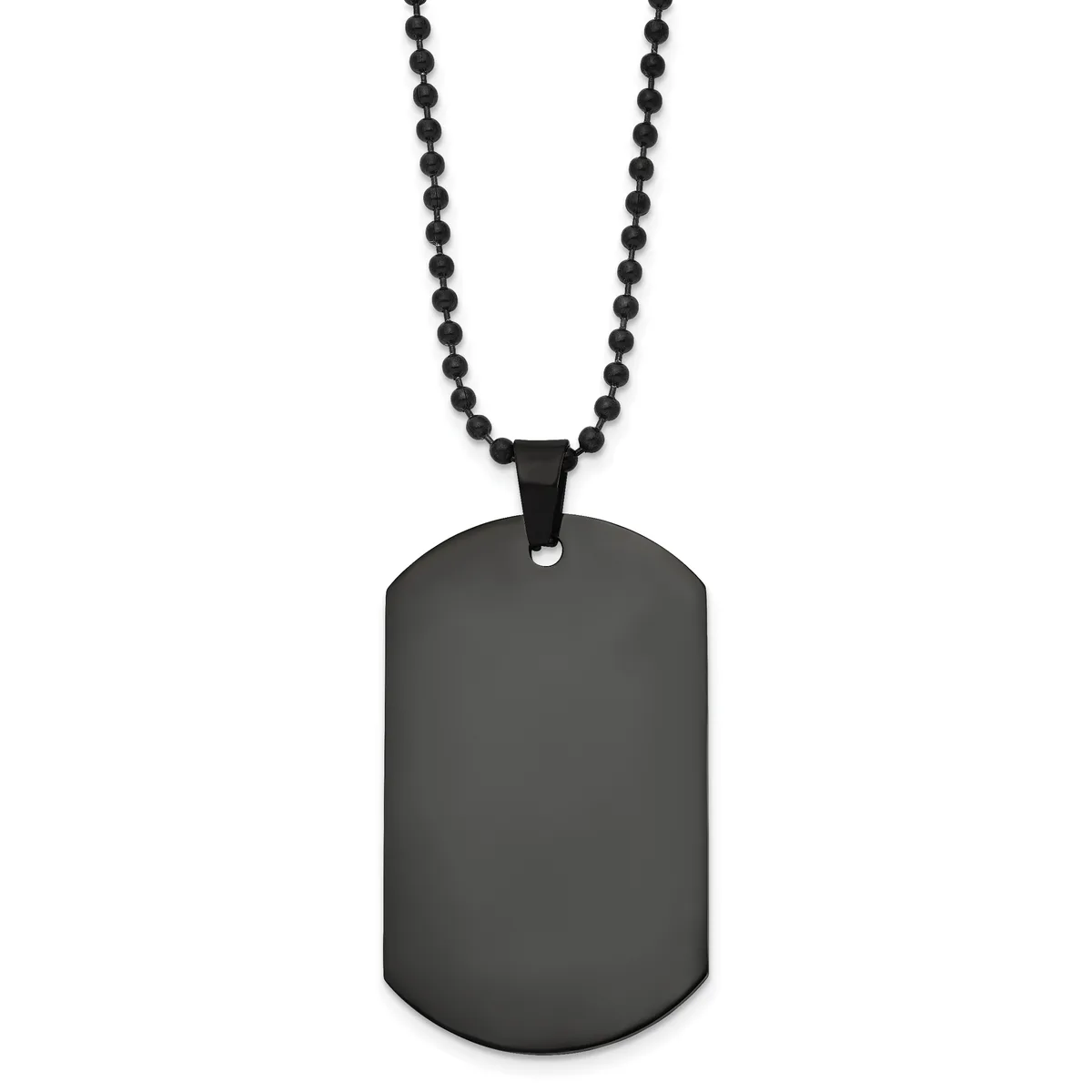 A black stainless steel dog tag pendant with rounded corners hangs from a black beaded ball chain.