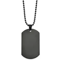 A black stainless steel dog tag pendant with rounded corners hangs from a black beaded ball chain.