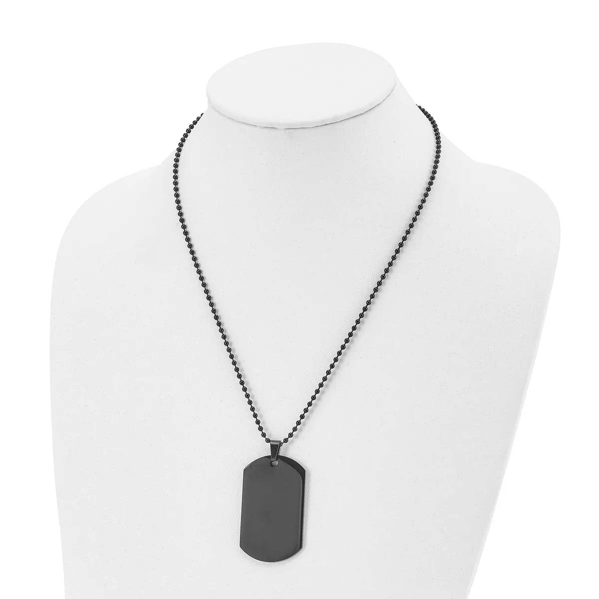 Black beaded chain necklace with a rectangular black dog tag pendant displayed on a white mannequin bust.