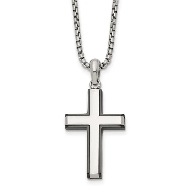 A stainless steel cross pendant with hollow rectangular arms hanging from a matching box chain necklace.