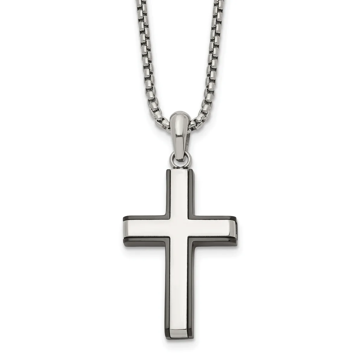 A stainless steel cross pendant with hollow rectangular arms hanging from a matching box chain necklace.