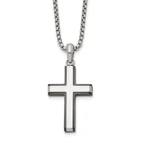 A stainless steel cross pendant with hollow rectangular arms hanging from a matching box chain necklace.