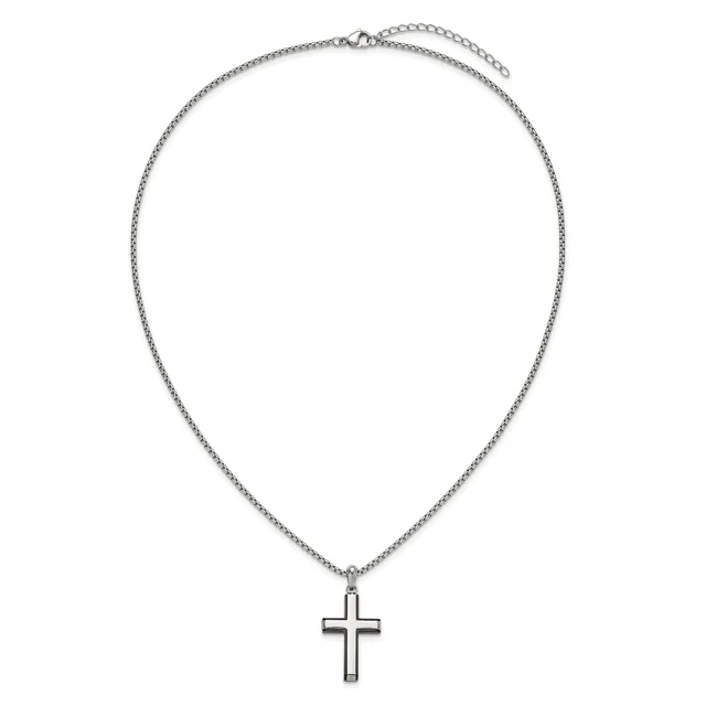 Silver-toned chain necklace with an adjustable length and a polished cross pendant hanging from the center.